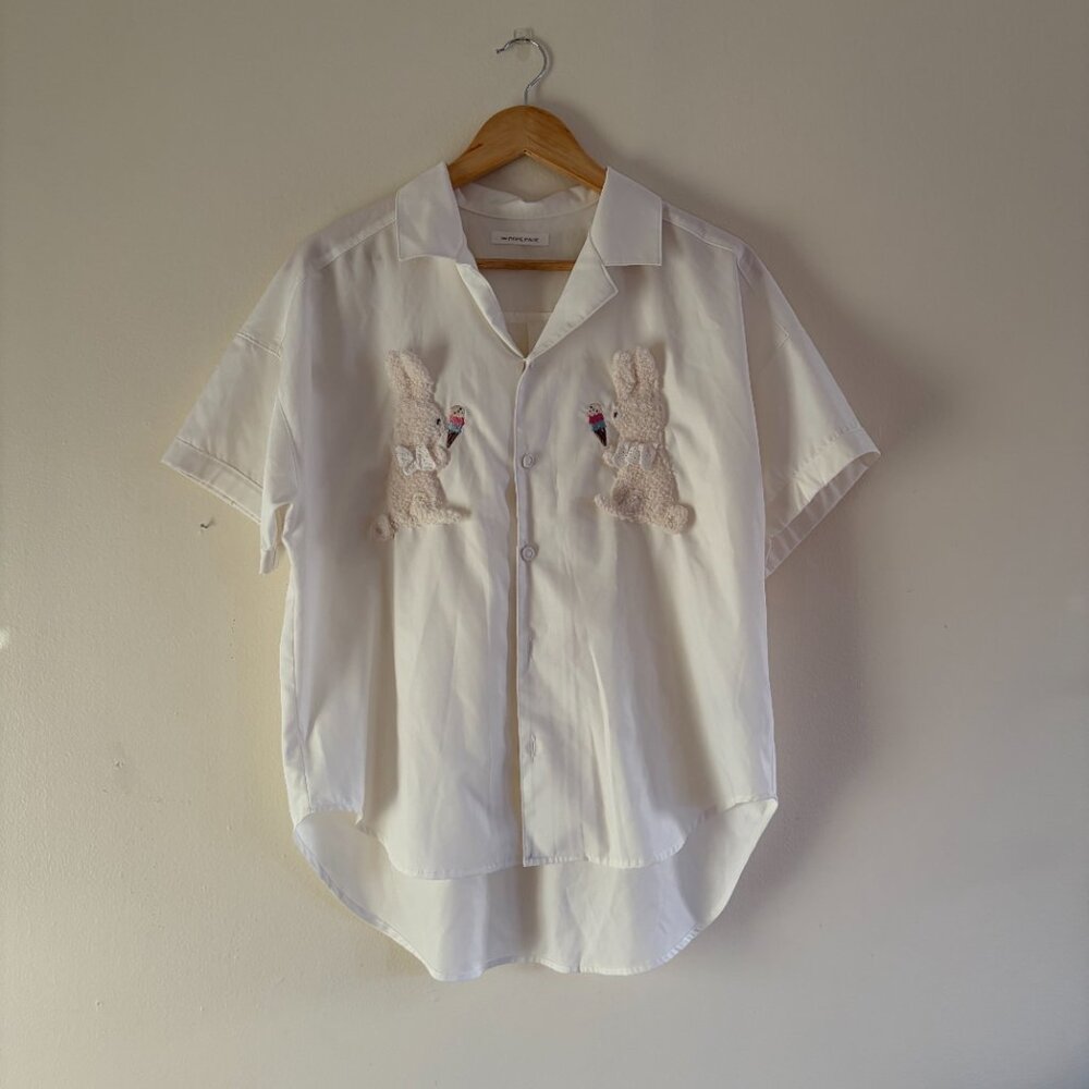 White bunny appliqué button-up blouse